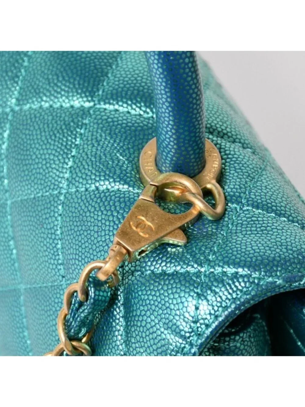 Chanel Coco Handle 29 2-Way Bag CC Logo Caviar Leather Metallic Green Gold